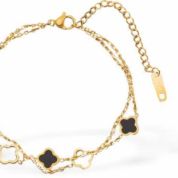 MP94 - Black and White Four Leaf Clover Bracelet, 18K Gold Plated for wholesale by Byzantium Collection Ltd