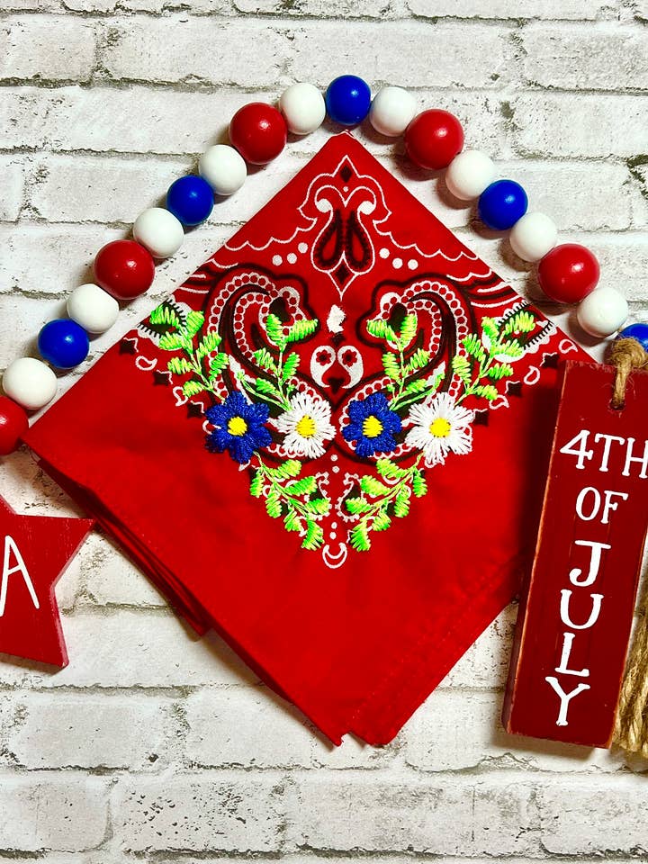 Red, White and Blue Floral Embroidered Bandana, July 4th for wholesale by The Funky Soul