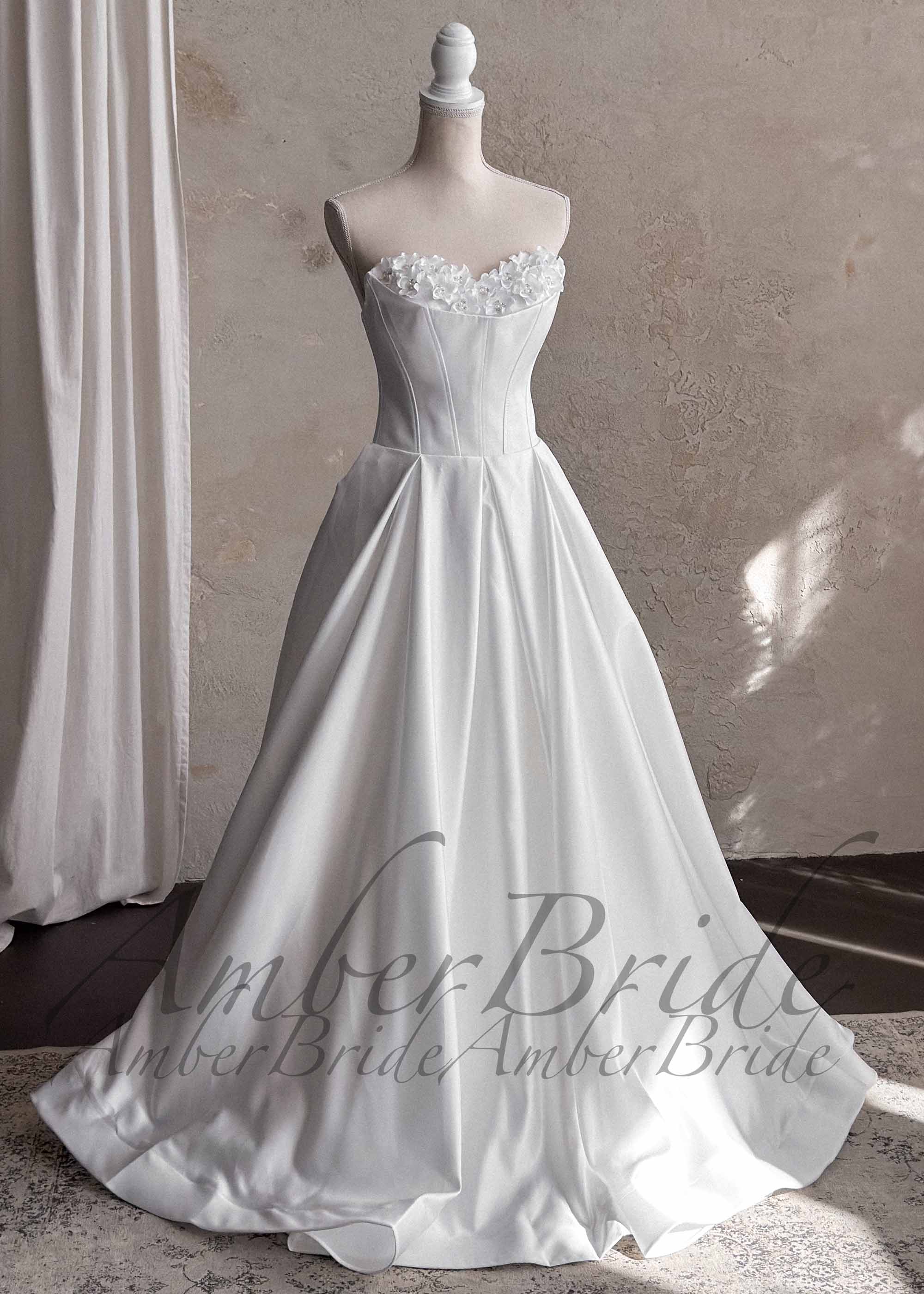 Amber Commerce Group, MB - Wholesale Gown - Women's - Strapless Satin A-Line Wedding Dress with 3D Floral Bust and Corset Back2