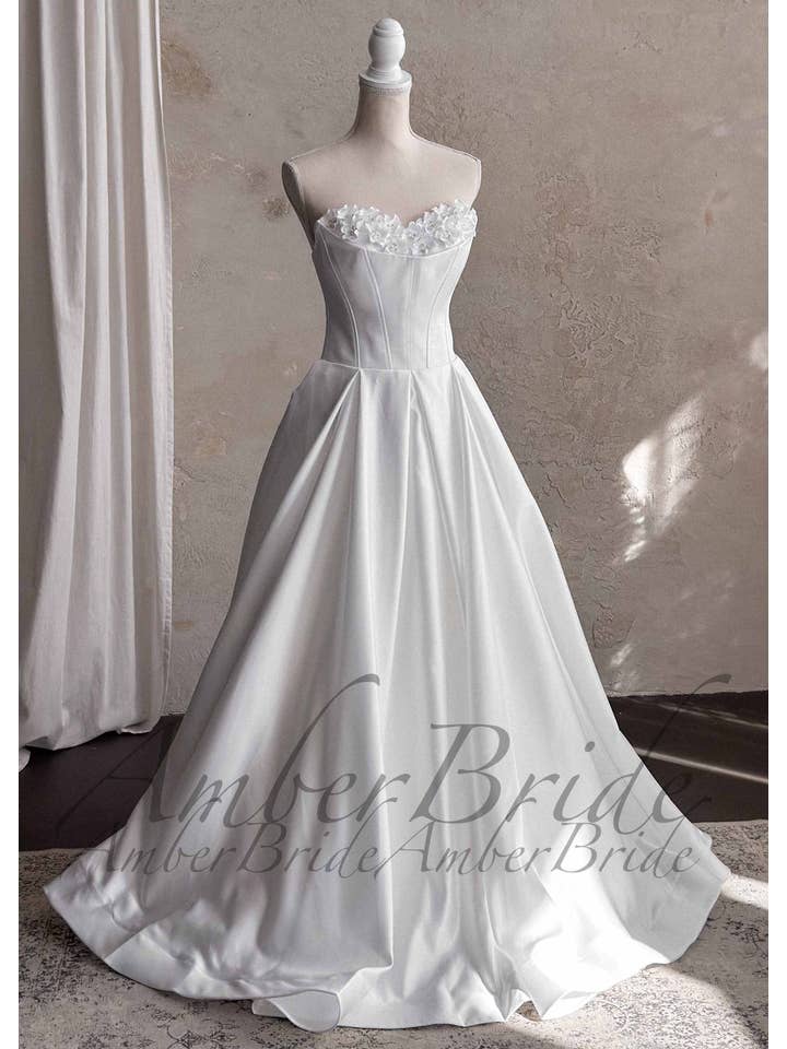 Amber Commerce Group, MB - Wholesale Gown - Women's - Strapless Satin A-Line Wedding Dress with 3D Floral Bust and Corset Back2