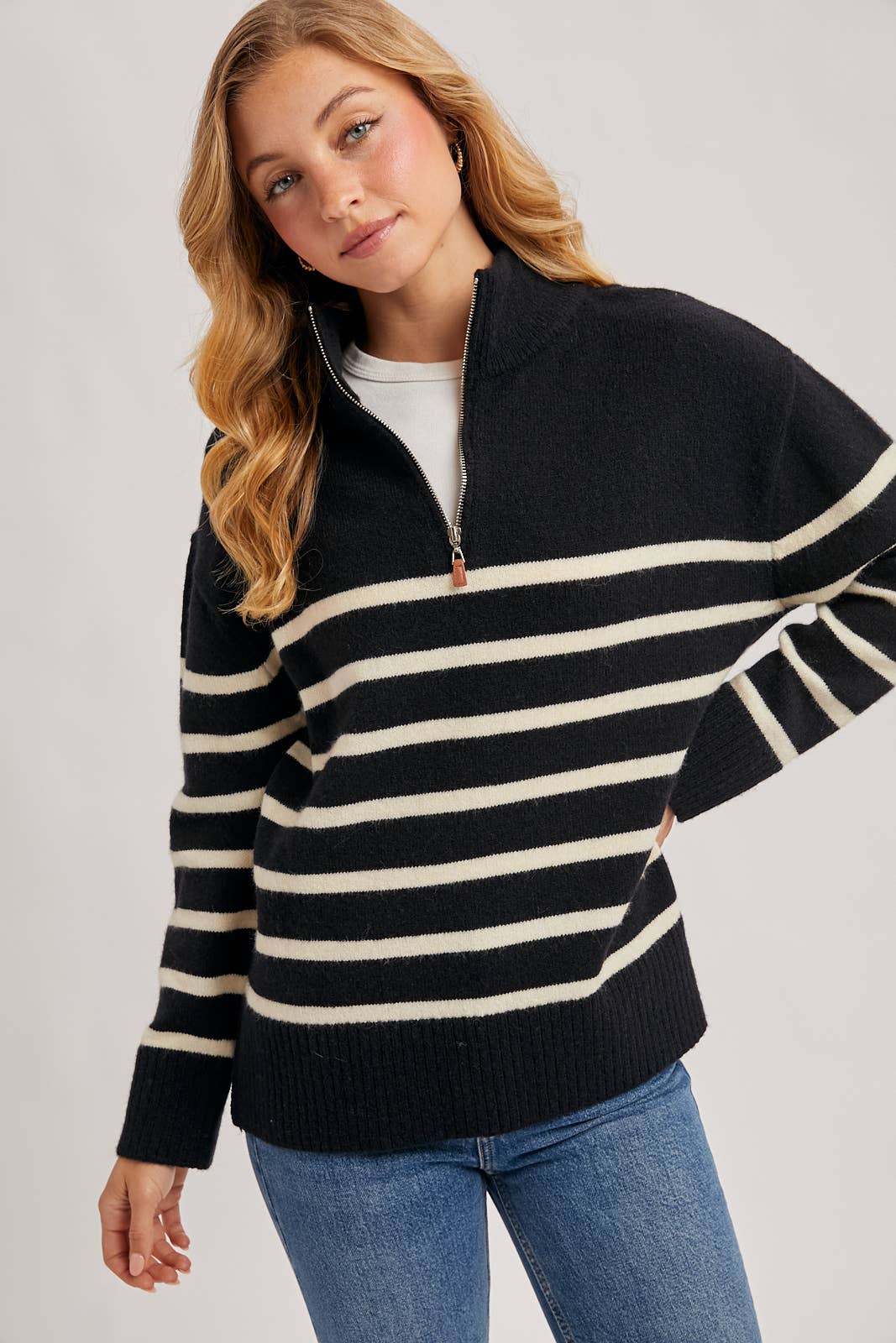 Bluivy - Wholesale Knit Sweater - Women's - QUARTER ZIP UP STRIPE SWEATER PULLOVER1