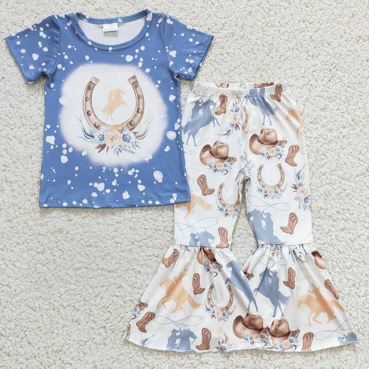 Baby Girls Horse Western Blue Bell Pants sets for wholesale by Aier Wholesale