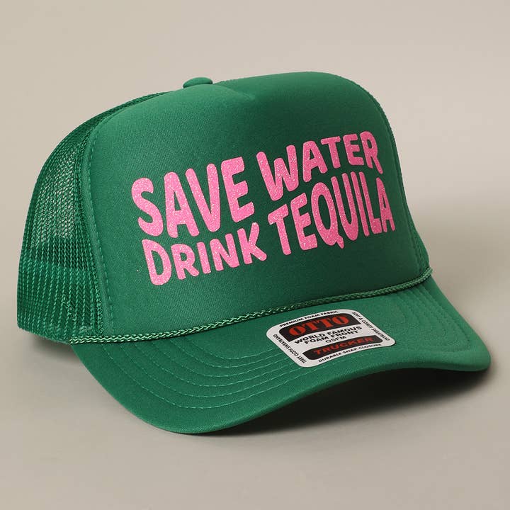 Fashion City - Wholesale Trucker Hat - Unisex - Save Water Drink Tequila Glitter Text Logo Mesh Back Cap4