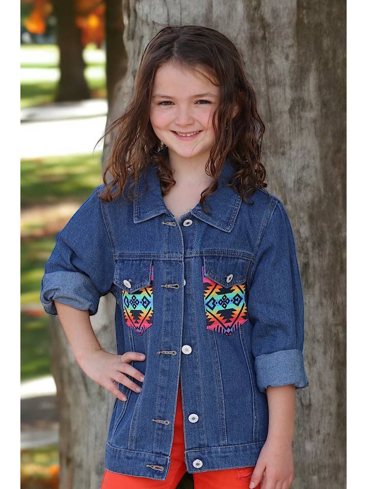 Kids Charm Online - Wholesale Denim Jacket - Kids - Dark Blue denim jacket w/aztec printed pocket & back. TPG65153053-WEN