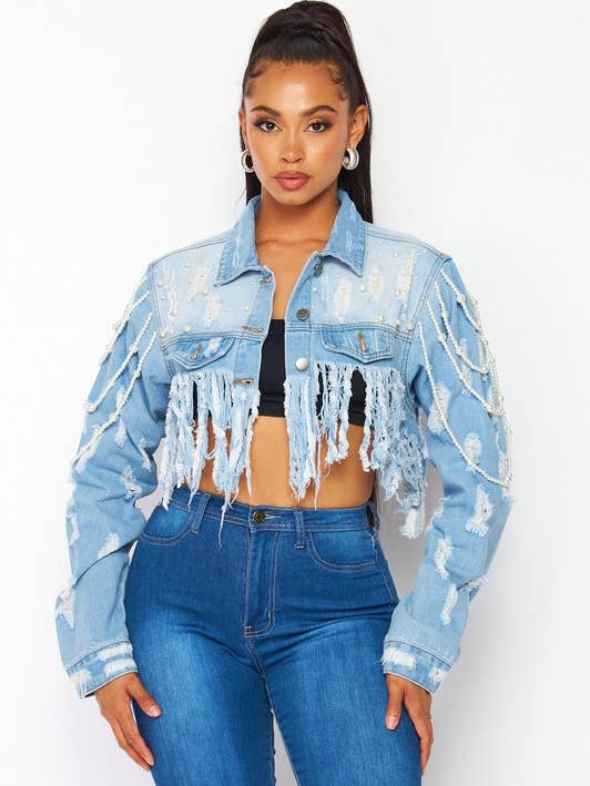 Giacca di jeans corta con frange invecchiate perlate - HOEA792 per la vendita all'ingrosso da parte di House of E ATL LLC