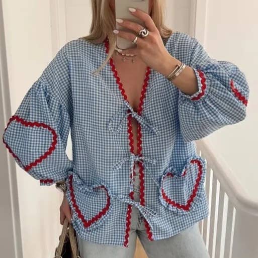 Rosa Clothing - Wholesale Blouse - Women's - Ric Rac heart-inspired patching Gingham tie front blouse