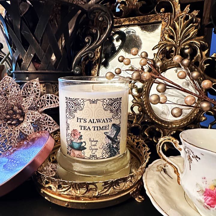 Vintage Luxe Design Co. - Wholesale Jar/Filled Candle - Alice Wonderland Tea Party 10 Oz Soy Wax Candle Mad Hatter