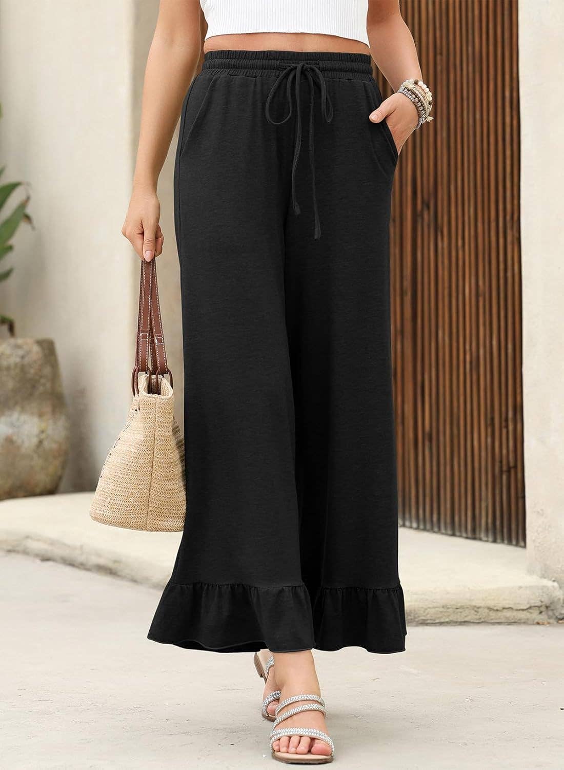 Rosa Clothing - Wholesale Pants - Women's - Laced Ruffled Hem Wide Leg Pants