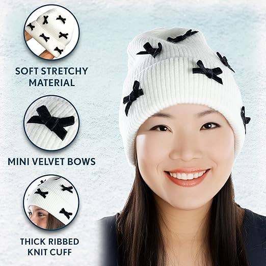 Funky Junque - Wholesale Beanie - Women's - Ribbed Knit Mini Velvet Bows Beanie - Ivory w/ Black Bows