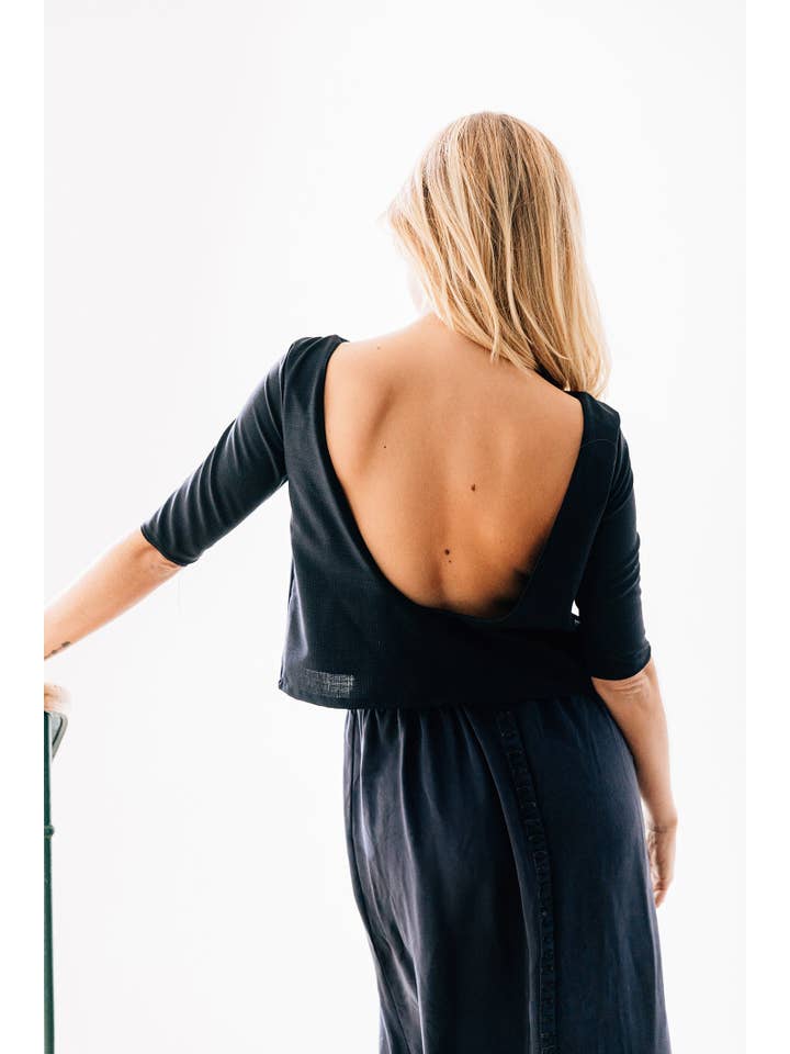 madame-en-soie – wholesale Set med topp och kjol - Dam – Set "Marina": Lång Kjol och Rygglös Topp i Svart Siden