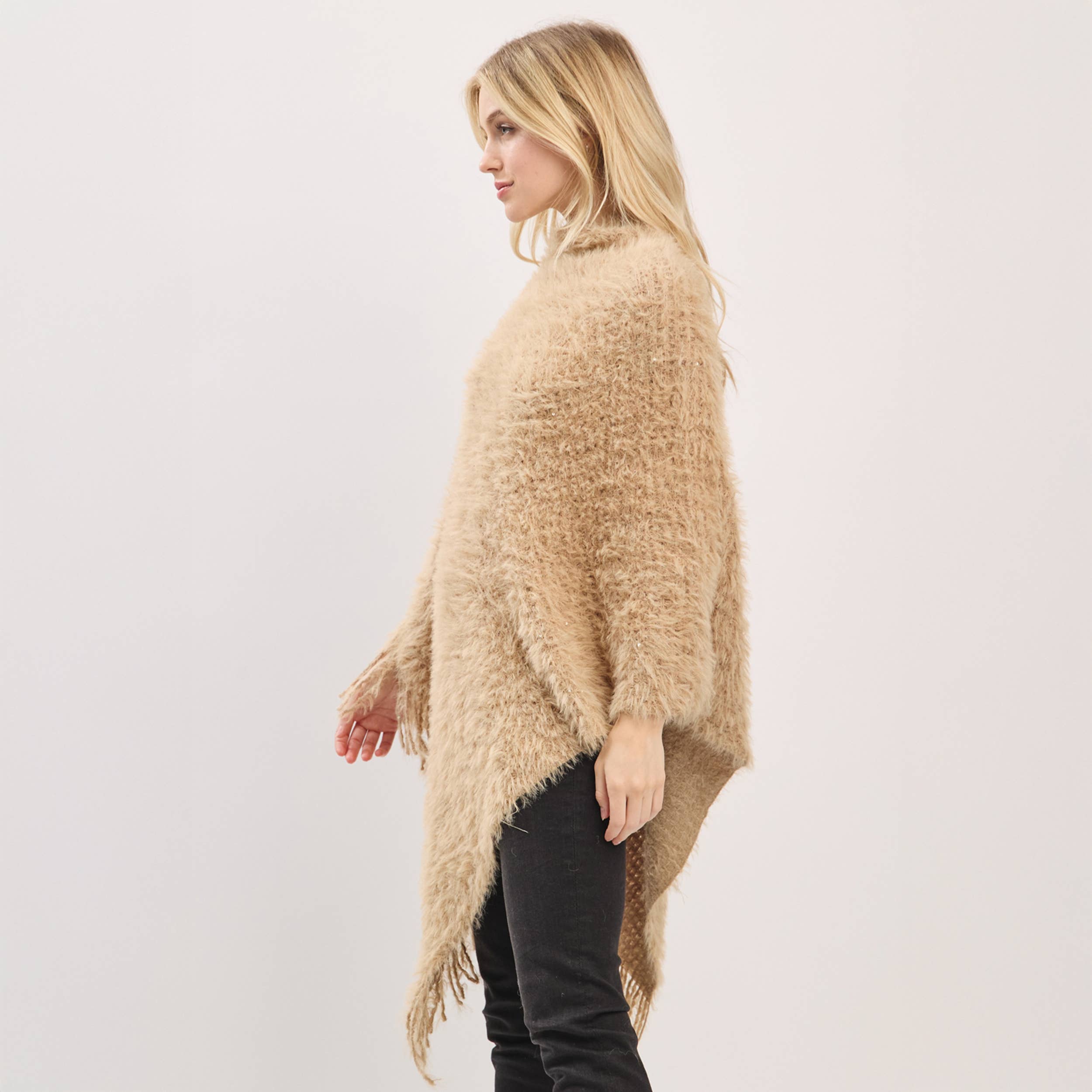 Hana – wholesale Poncho – Women's – Fuzzy Sequin with Fringe Light Weight Poncho20