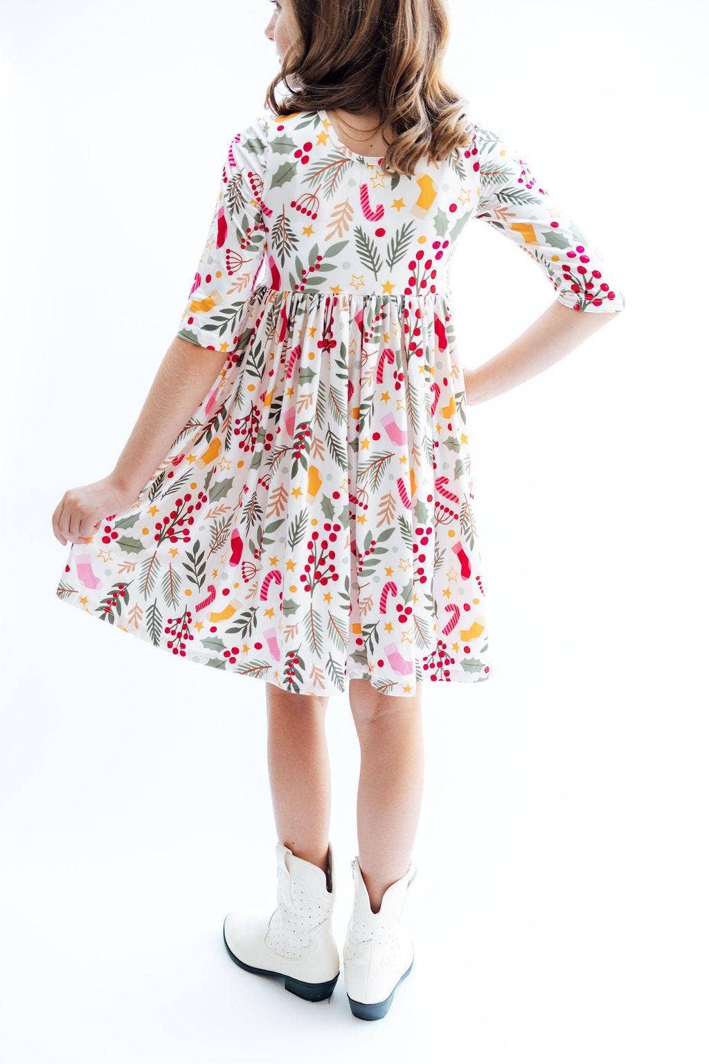 Mila & Rose - Wholesale Dress - Kids - Holly Jolly Christmas 3/4 Sleeve Pocket Twirl Dress4