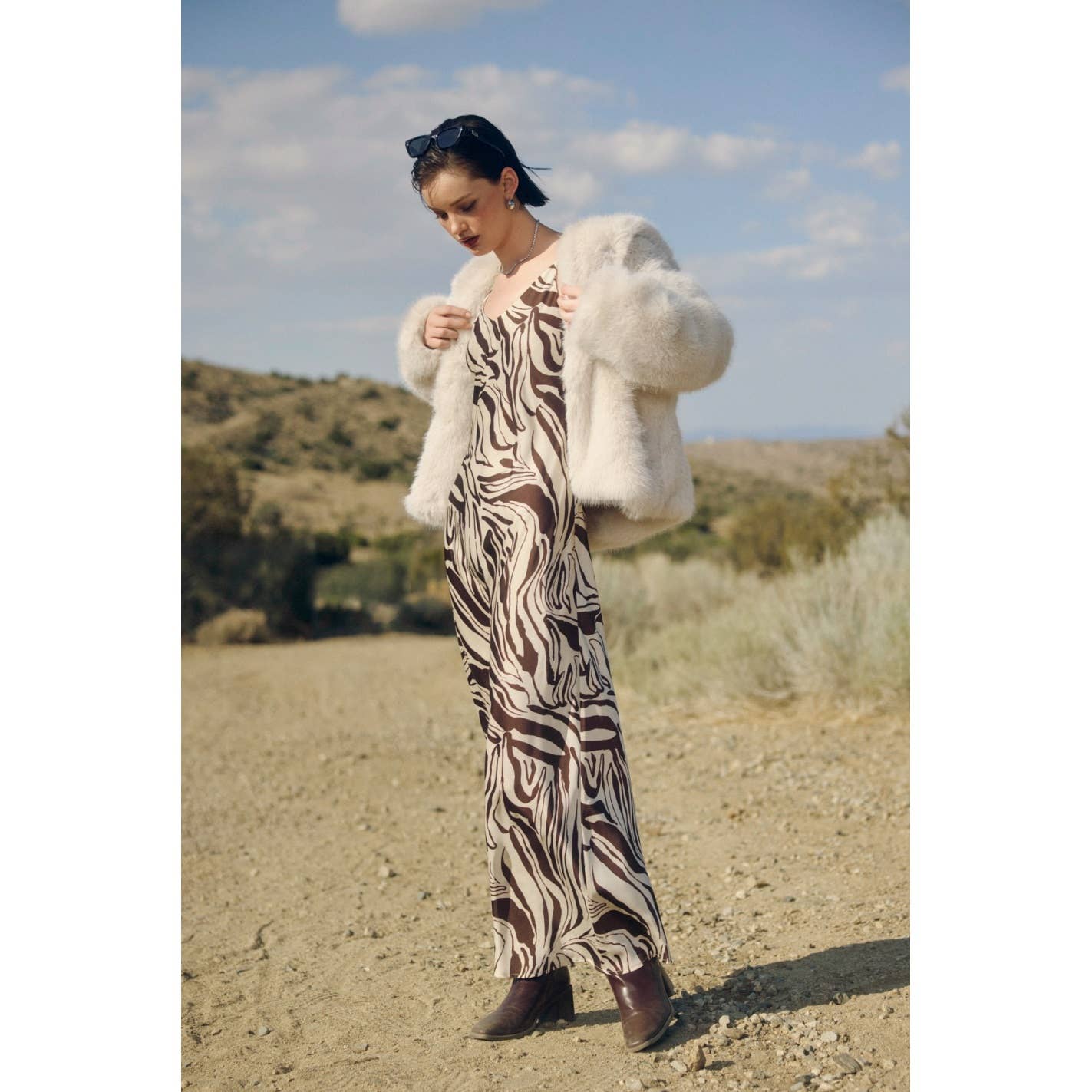 BROWN ECRU Drifted Earth Back Button Bias Cut Maxi Dress for wholesale on Faire5