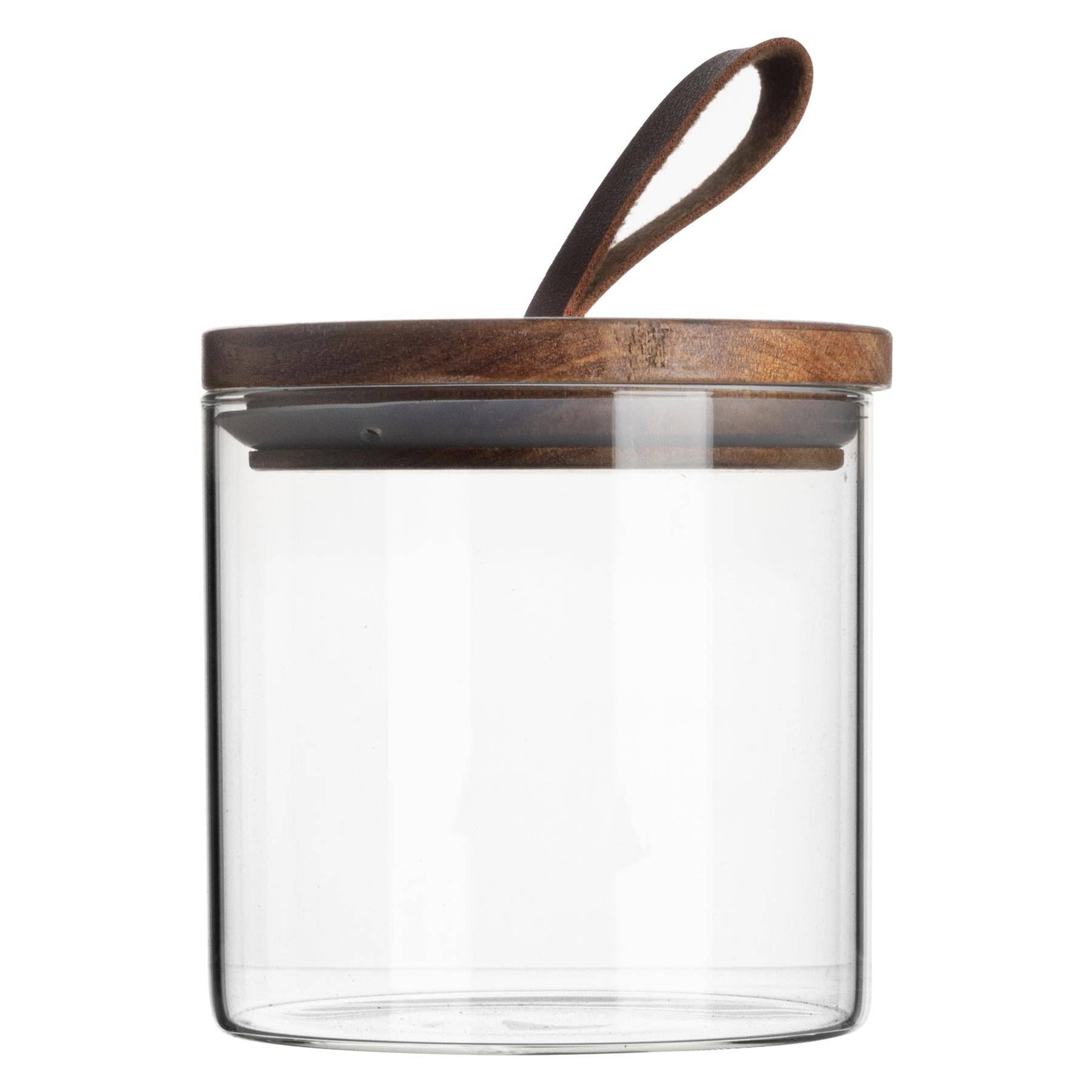 Rinkit Pty Ltd - Wholesale Jar - Argon Tableware Glass Storage Jar with Wooden Lid - Leather Loop - 550ml0