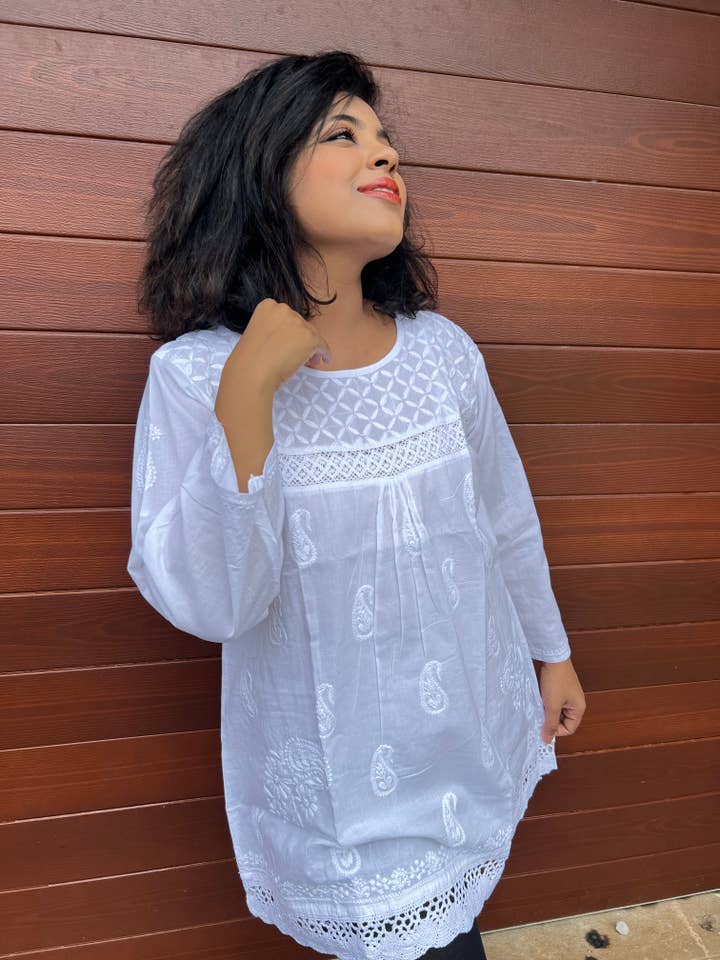 EeshaBoutique Australia - Wholesale Blouse – Women’s - White Short Embroidered Shirt4