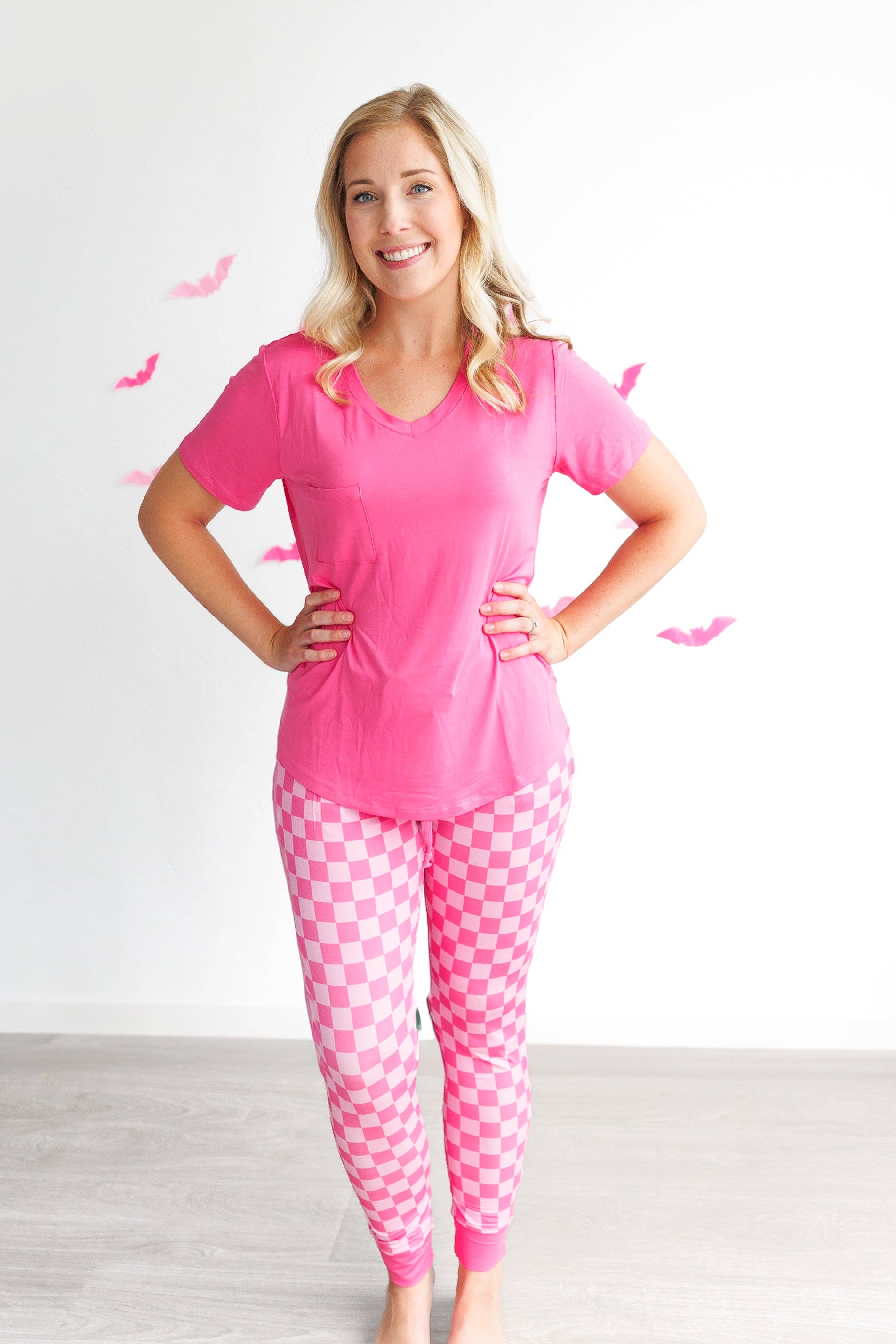millie + roo LLC - Wholesale Lounge Sweatpants/Joggers - Women's - MAMA JOGGERS- Pink Check3