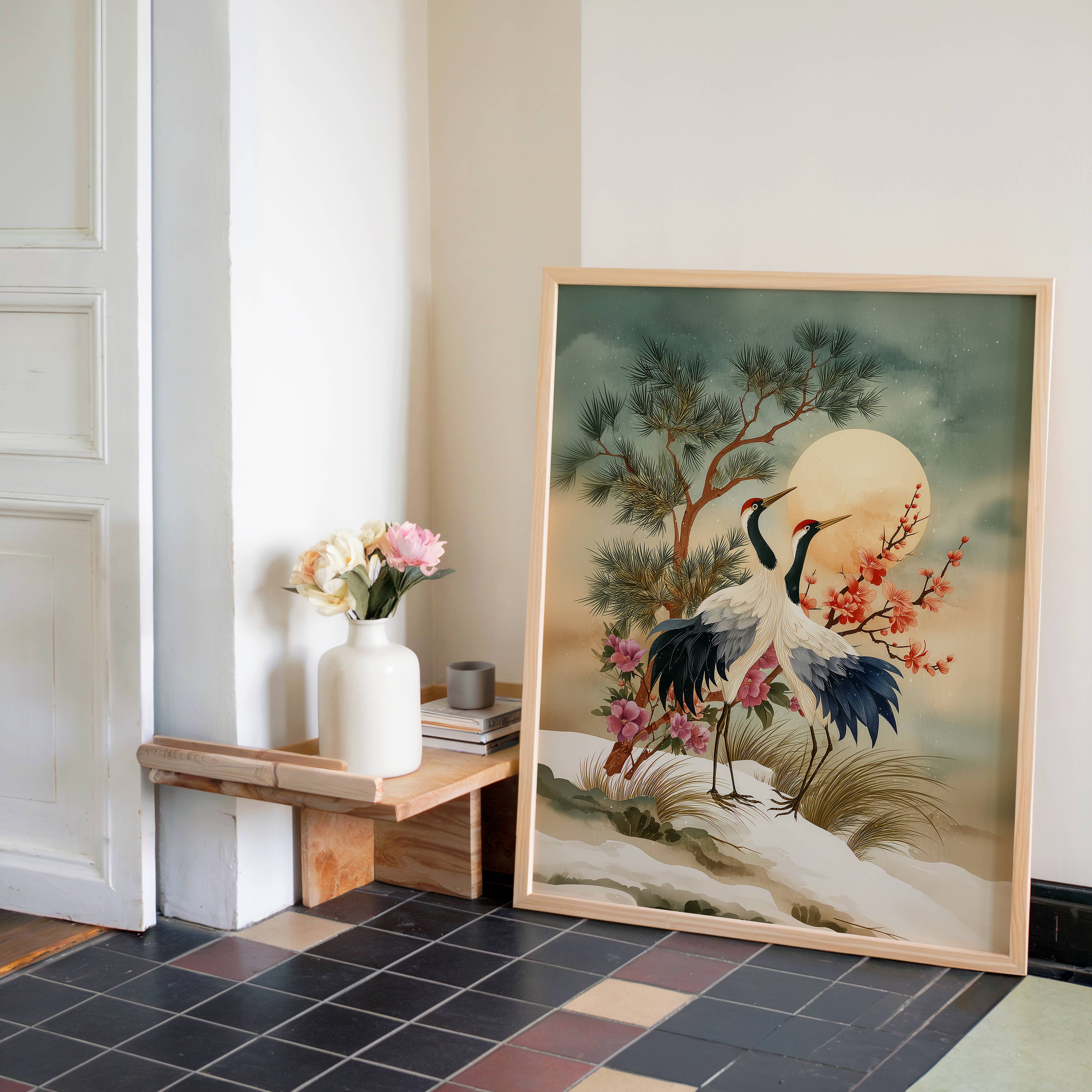 IuliiaArtPrints – wholesale Art print – Winter Red-Crowned Cranes, Japanese Snow Landscape Art Print4