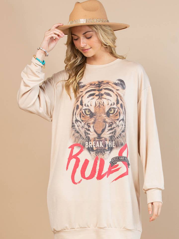 AV1241-ALICIA TIGER FACE GRAPHIC SWEATSHIRT DRESS for wholesale by Avery