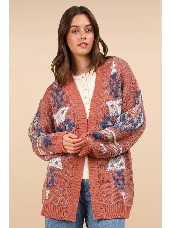VERY J - Wholesale Cardigan - Women's - 12W3228N-Aztec Printed Oversized Knit Sweater Cardigan