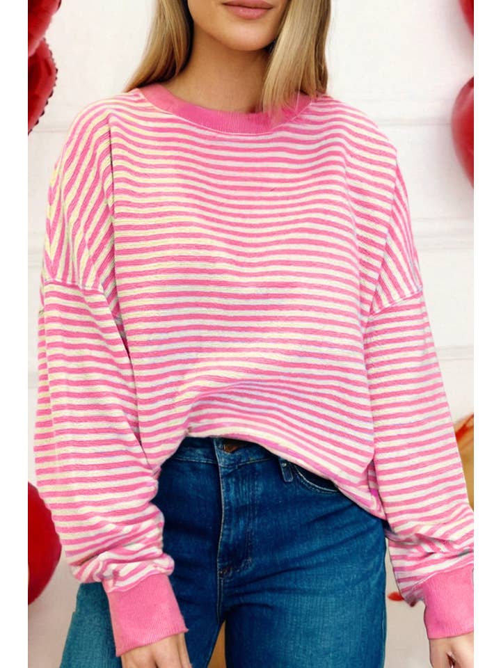 Little Daisy Closet - Wholesale Blouse - Women's - LDC Stripe Long Sleeve Drop Shoulder Top1