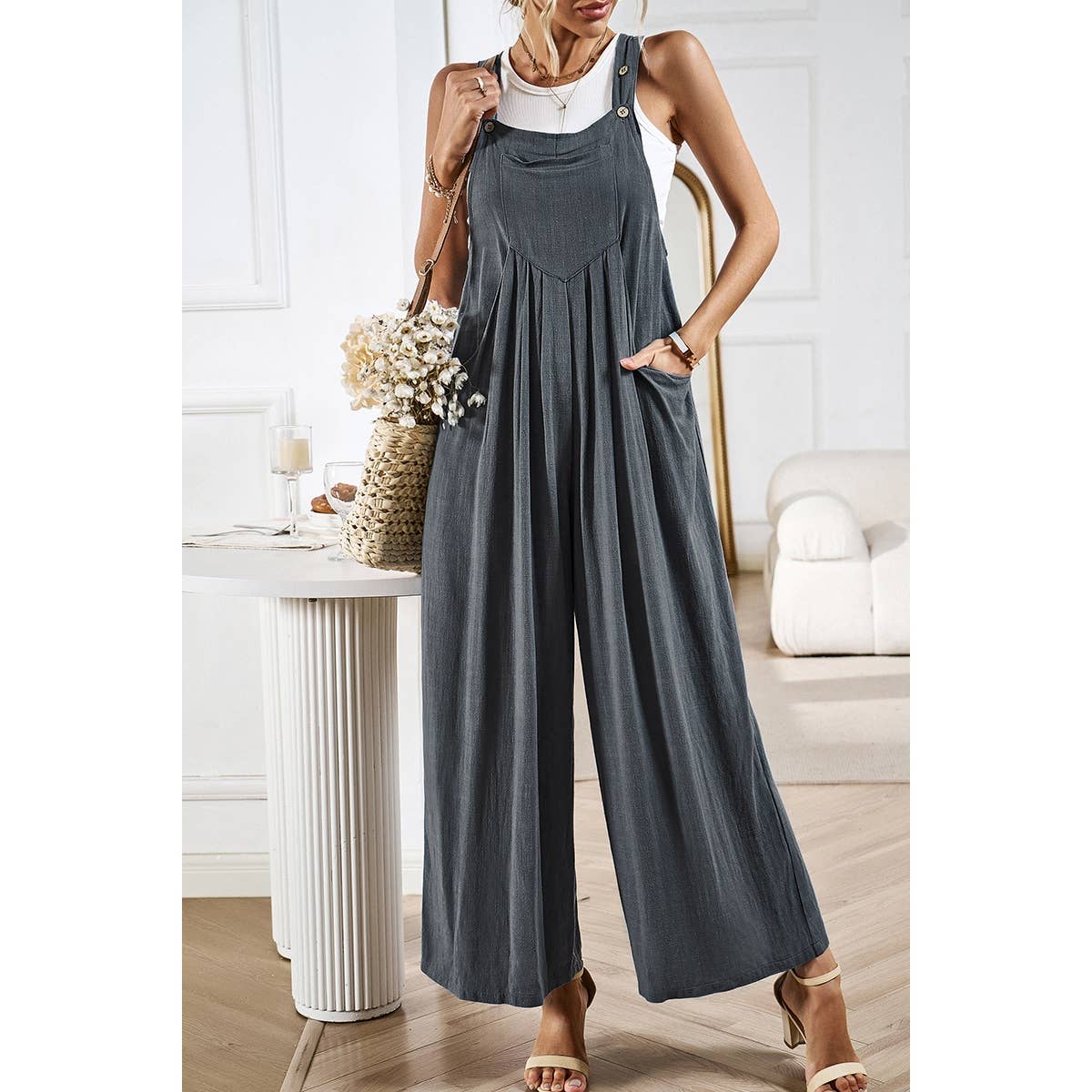 Supreme Fashion - Wholesale Overalls - Women's - Button Detail Wide Leg Overall Pockets Jumpsuit11