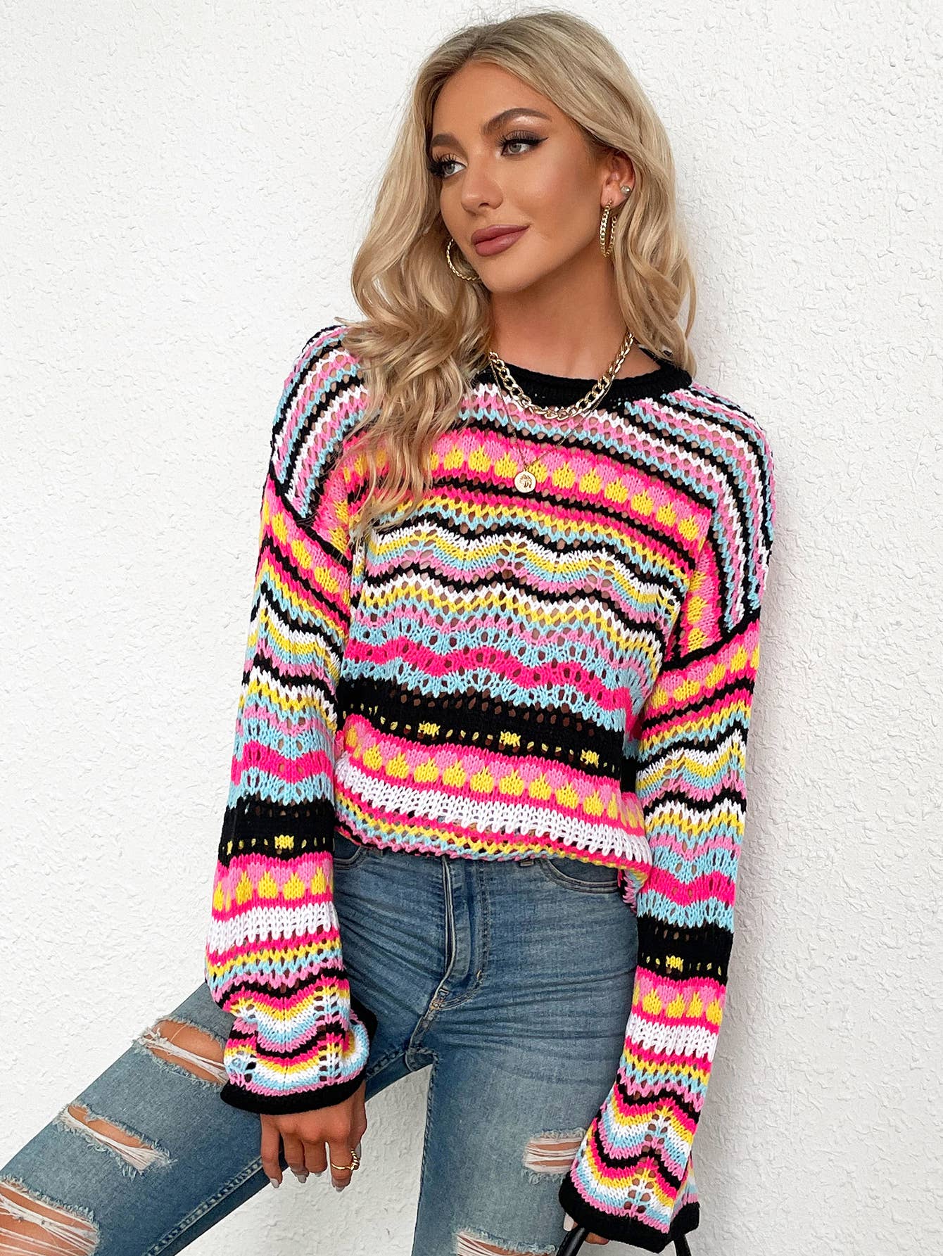 YNIQUE – Engroshandel Pullover - Dame – Kvinders stribe langærmet rund hals sweater toppe6
