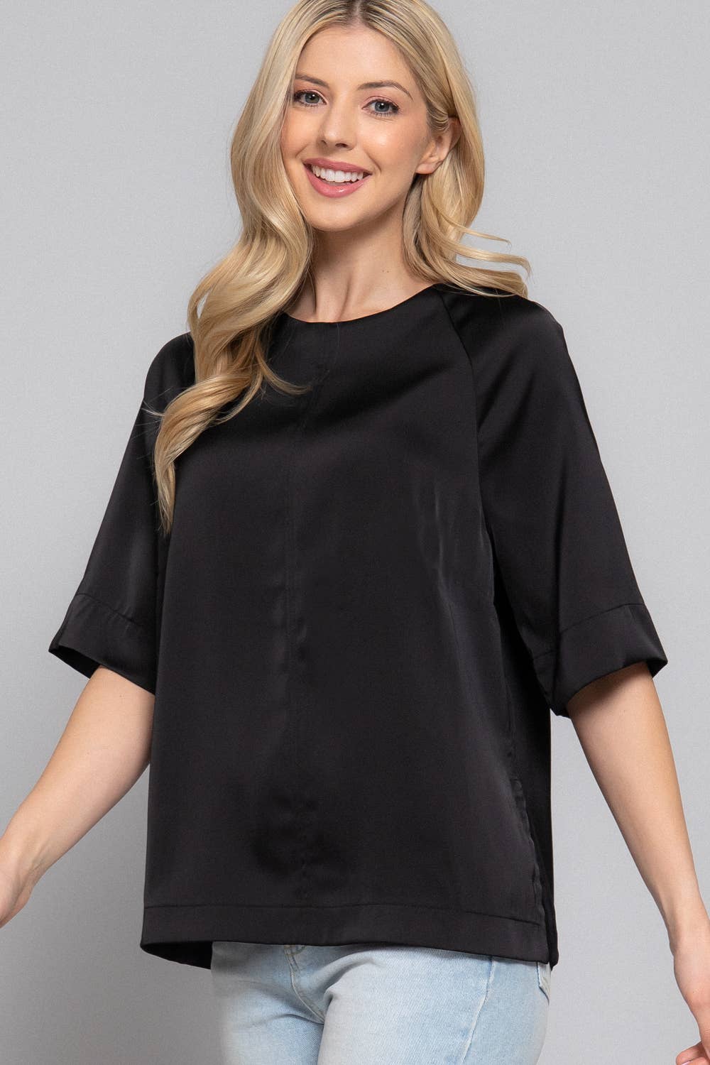Active Basic | Active USA - Wholesale Blouse - Women's - Raglan Elbow Sleeve Side Slit Back Closure Satin Blouse3