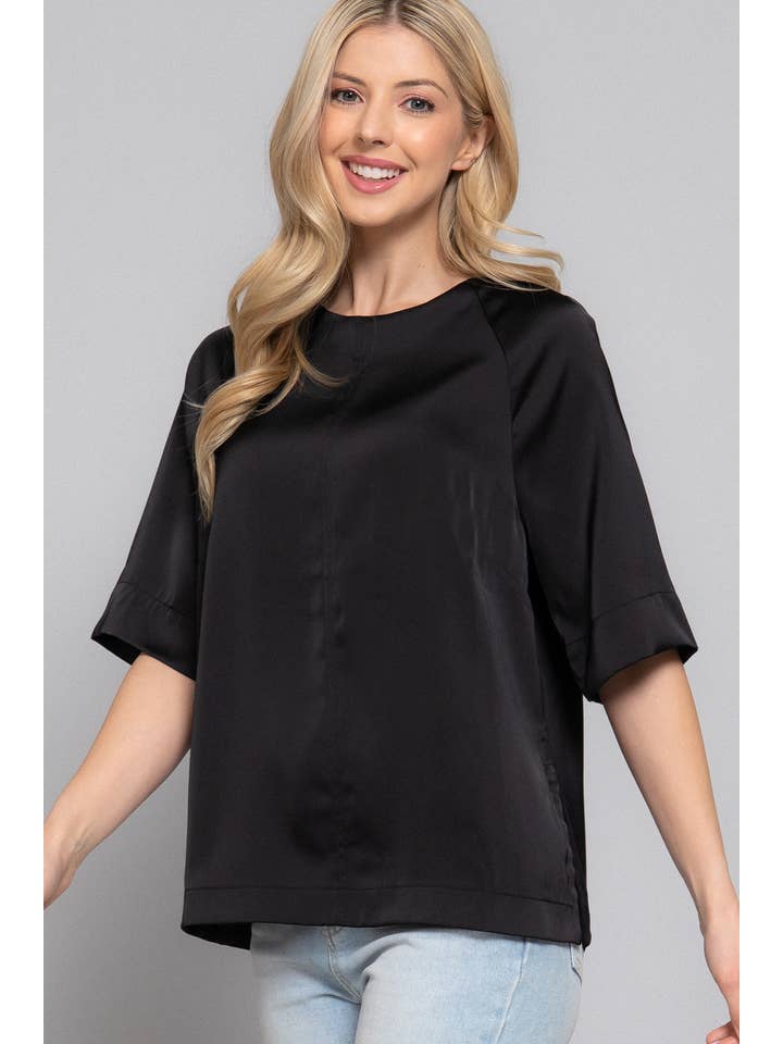 Active Basic | Active USA - Wholesale Blouse – Women’s - Raglan Elbow Sleeve Side Slit Back Closure Satin Blouse3