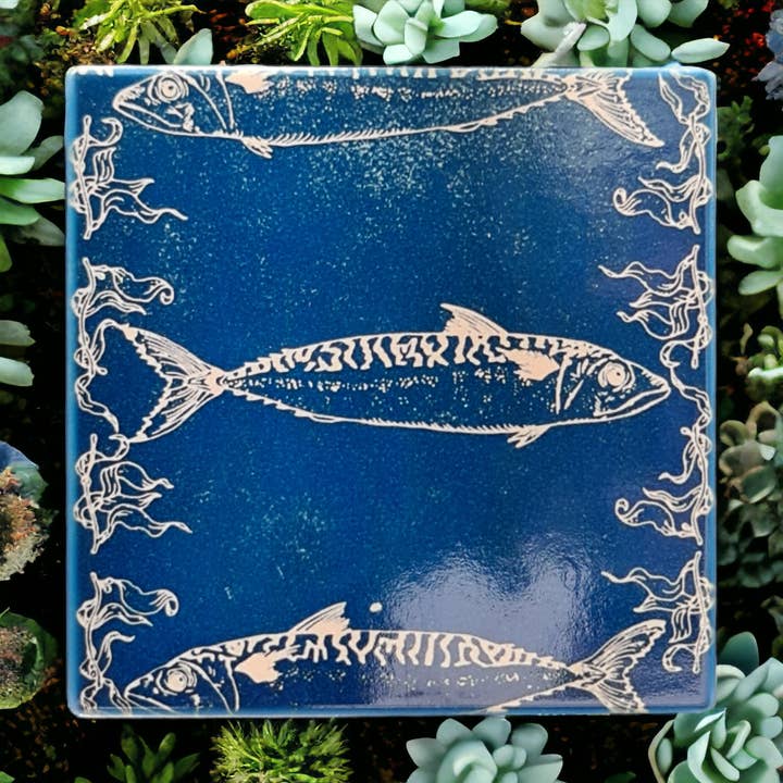 Handmade Ceramic Coaster Tile - Orkney Mackerel for wholesale by Vintage Paper Co