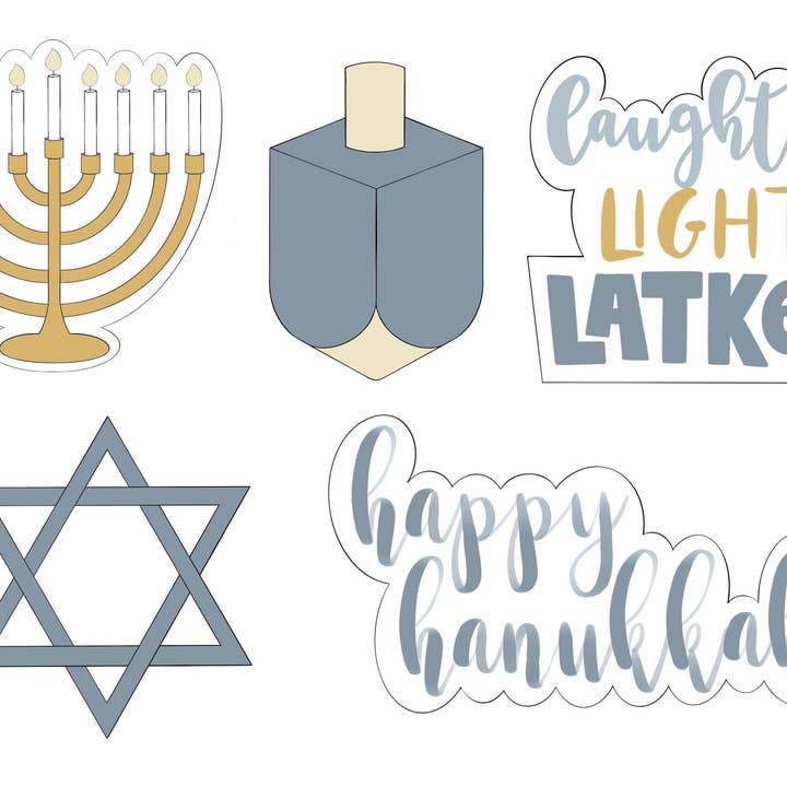 Menorah, Dreidel, Latkes Plaque, Star, and Happy Hanukkah Plaque for wholesale by Maison’s Custom Cutters