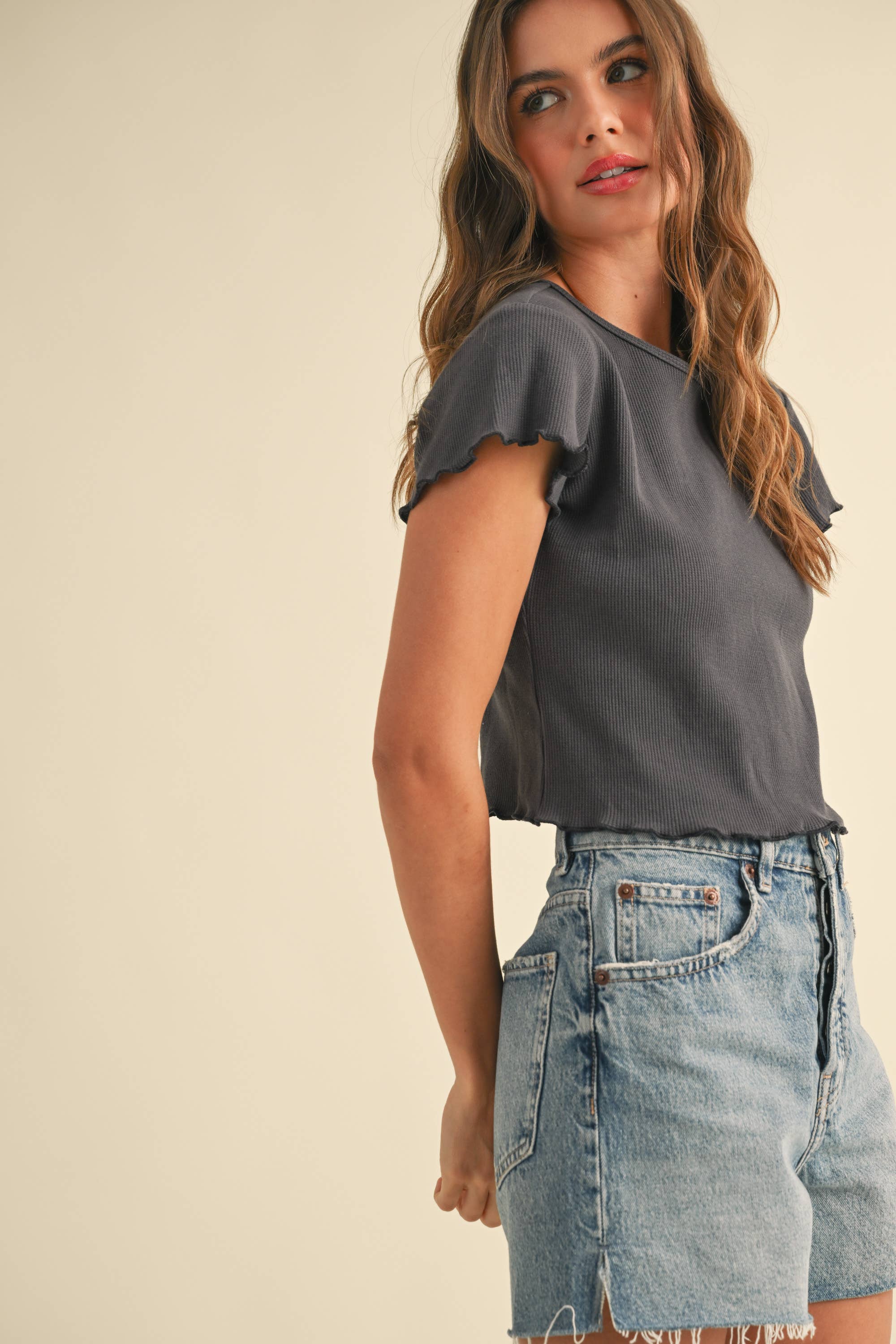 MIOU MUSE - Wholesale Blouse - Women's - T4866   MINI WAFFLE FABRIC SHORT SLEEVE TOP11