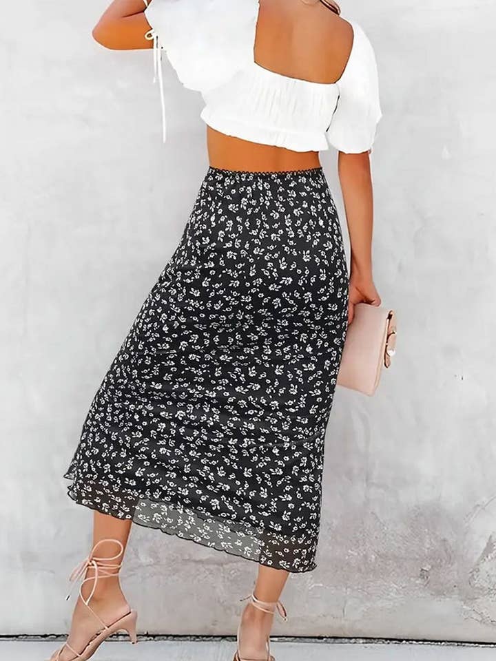 Black CWBMS0120_GAUZE FLORAL LONG HALF LIFE SKIRT for wholesale on Faire