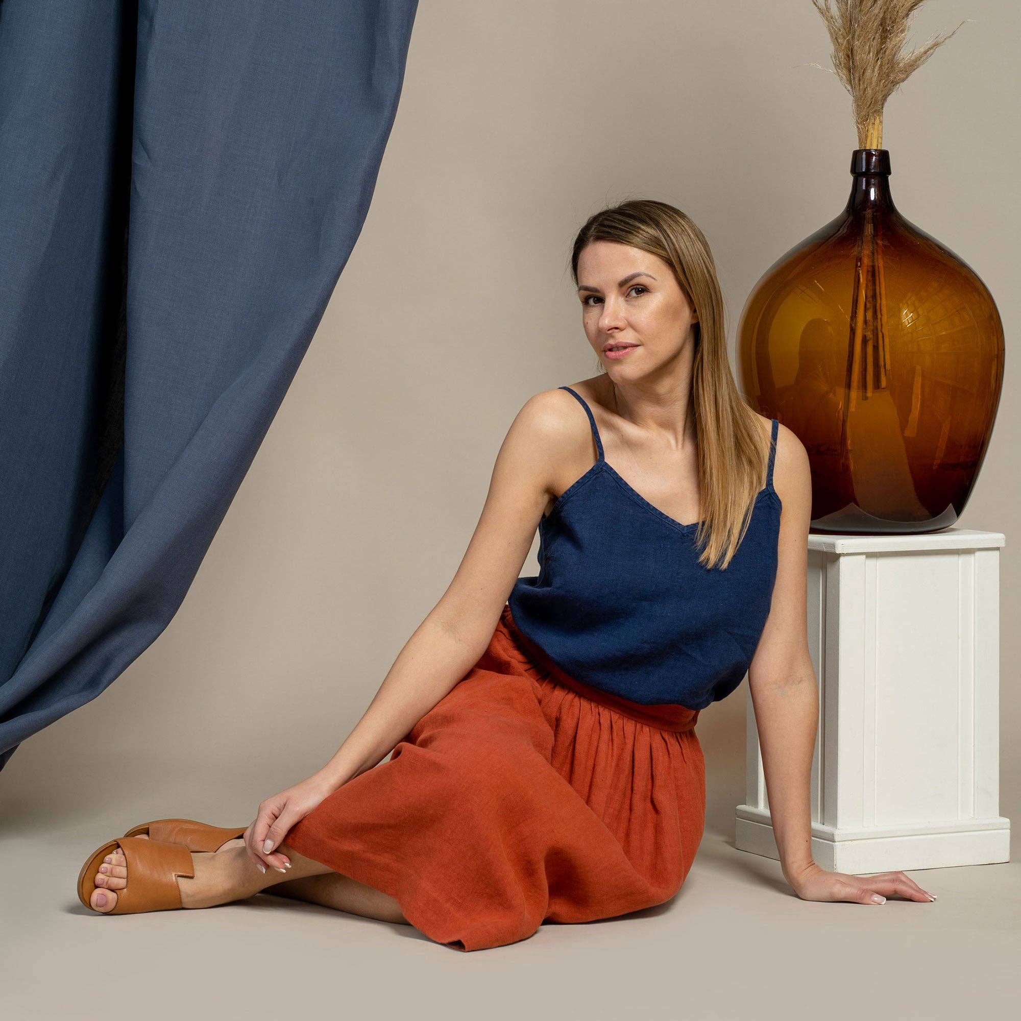 menique - Wholesale Skirt - Women's - Linen Midi Skirt Sophia - Casual Linen Skirt with Pockets6