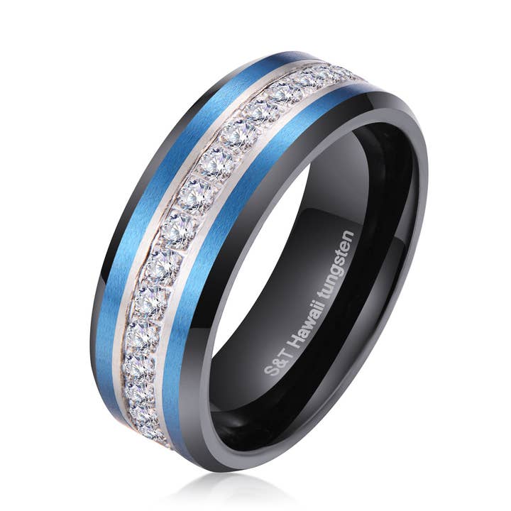 Hawaiian Black Tungsten White Zircons Ring With Silver And Blue Inlay for wholesale by S&T Collections