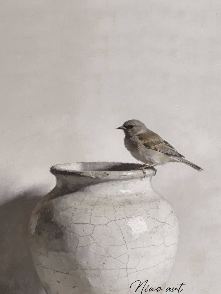 Affiche de jardin Moineau sur pot W10 pour la vente par Nino-Art