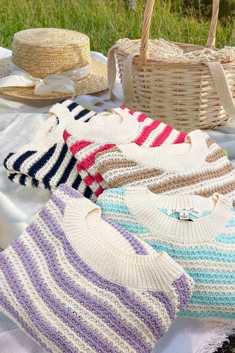 Vine & Love - Wholesale Knit Sweater - Women's - Crew Neck Long Balloon Sleeve Strip Crochet Sweater VT816668