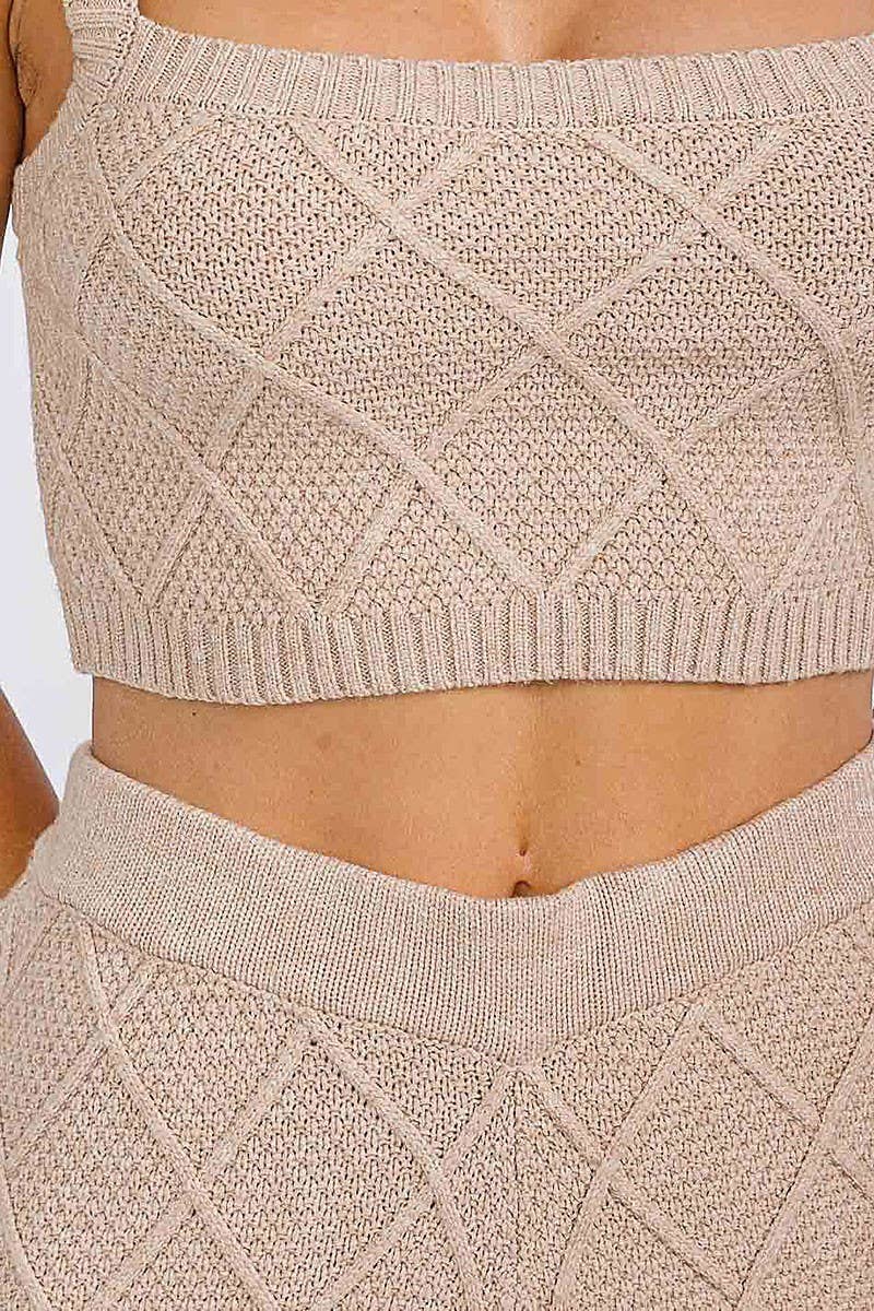 TAUPE SLEEVELES CROP TOP ELASTIC WAIST PANTS WAFFLE SET for wholesale on Faire3
