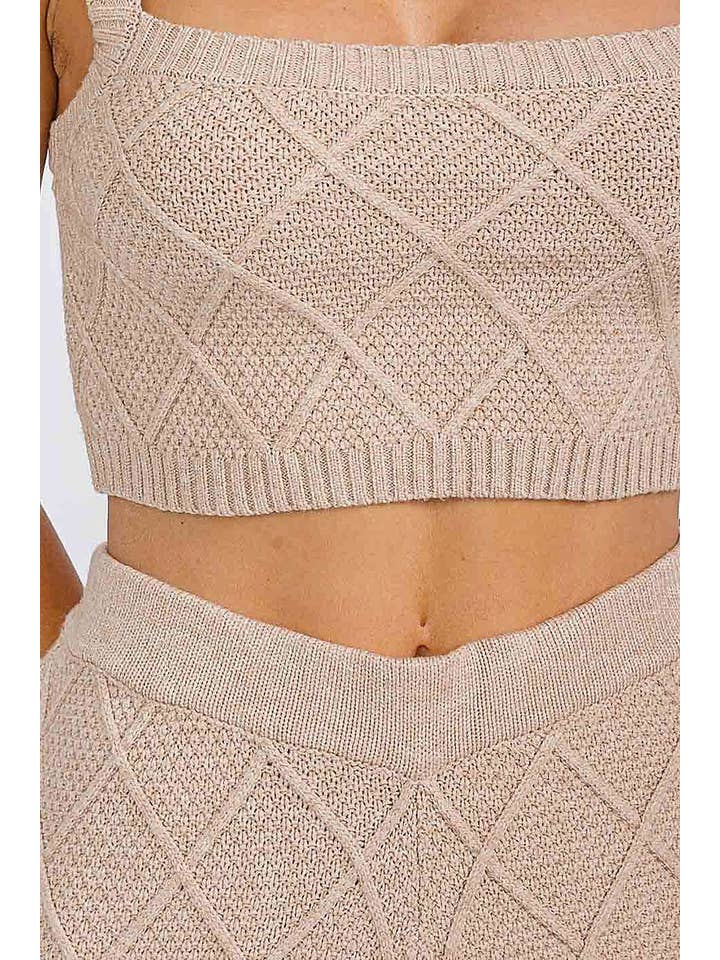 TAUPE SLEEVELES CROP TOP ELASTIC WAIST PANTS WAFFLE SET for wholesale on Faire3