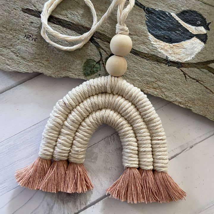 Macrame Rainbow Car Diffuser - Dusty Rose for wholesale by Chickadee Creations