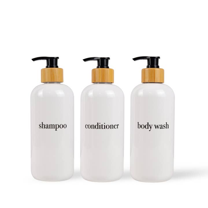 Shampoo & Conditioner Bottle Sets - Refillable | White Dispensers | Bamboo or Plastic Tops for wholesale by Joie Designs Co. | Refillable Bottles