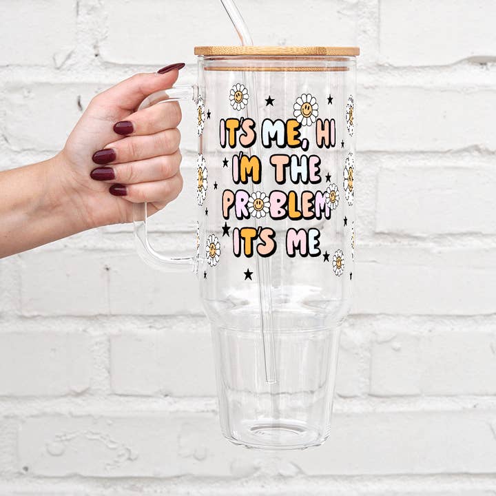 Sip-Sip Hooray! - Vendita all'ingrosso Bicchiere/tazza termica - Bicchiere in vetro I'm the Problem da 40 once con coperchio e cannuccia0