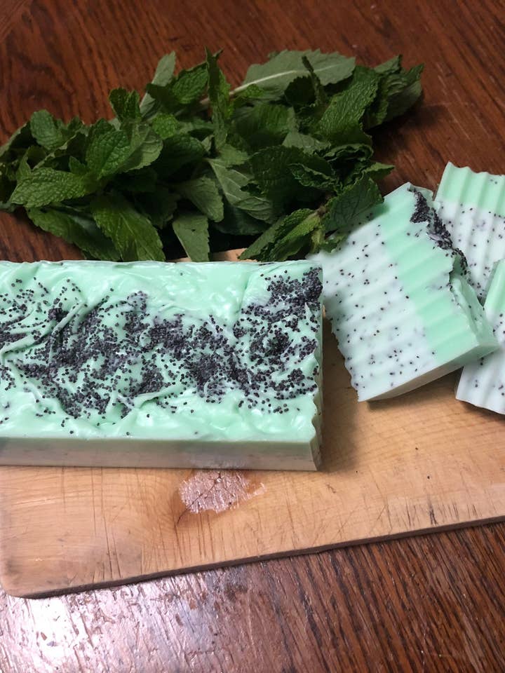 Minty Poppyseed Goats Milk Soap for wholesale by Honeybee Essential's