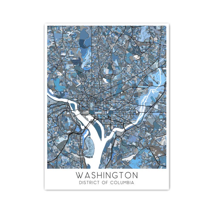 Washington DC Map of Washington DC Art Print, Blue Geometric District of Columbia Maps for wholesale by Maps As Art
