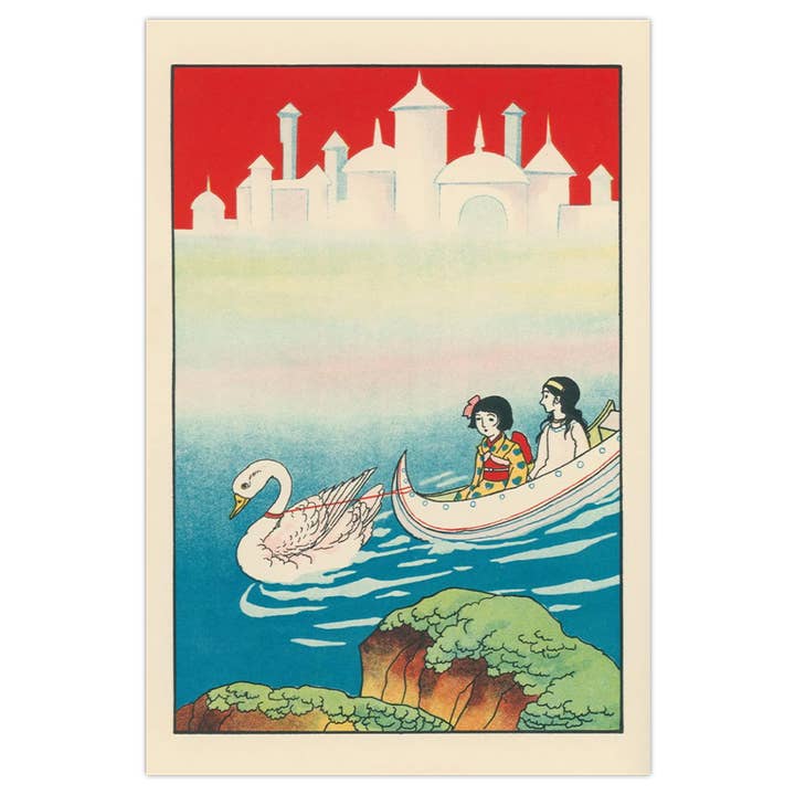 Postcard - vintage fairy tale illustration from Japan - swan for wholesale by 50 Watts