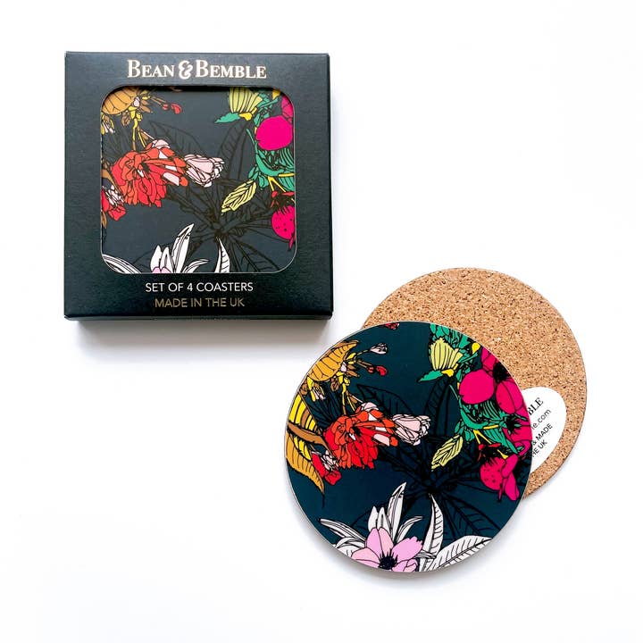Coasters Box Set Round Melamine Wood Cherry Blossom Floral Print for wholesale by Bean and Bemble