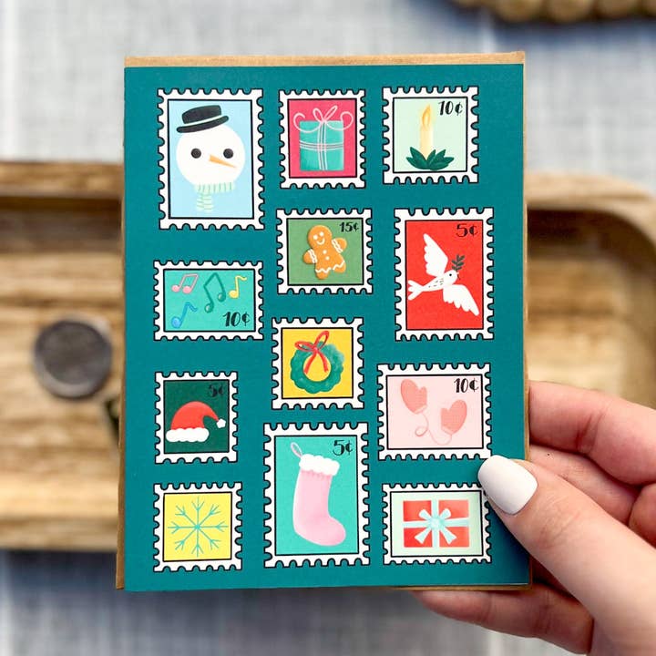 Holiday Postage Stamps Card for wholesale by Allegra Paper Co.