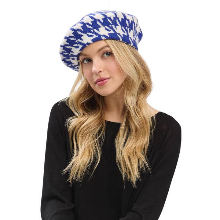 Artini Accessories - Wholesale Beret - Women's - Houndstooth Pattern Soft Knit Beret Hat1