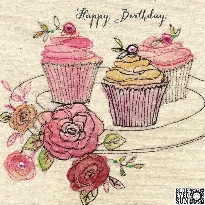 Blue Eyed Sun – wholesale Birthday card – Happy Birthday Cupcakes - Broderie