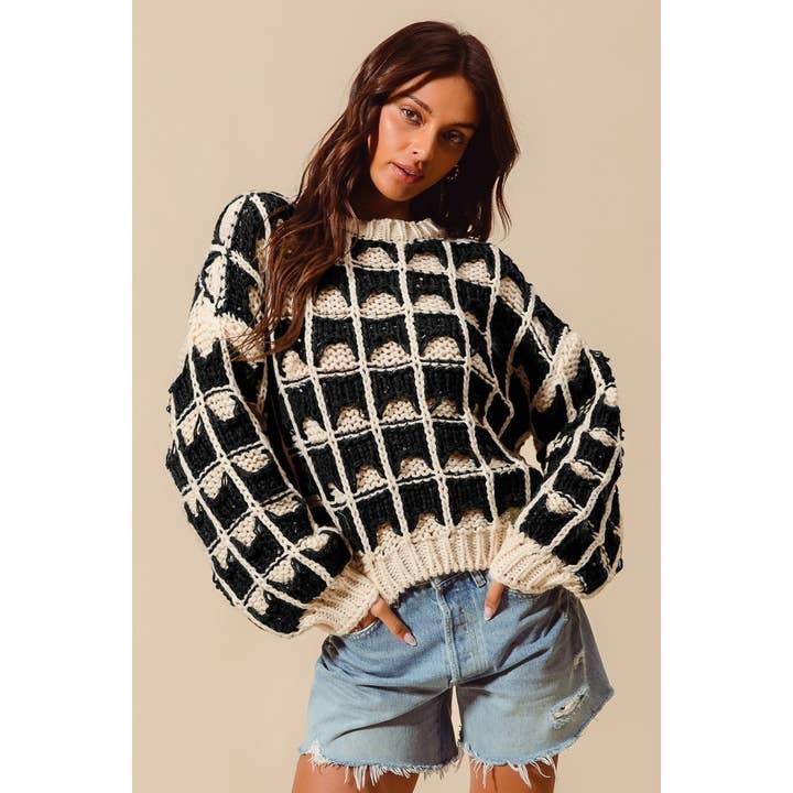 IVE - Wholesale Knit Sweater - Women's - CONTRAST COLOR SQUARE KNITTED SWEATER TOP