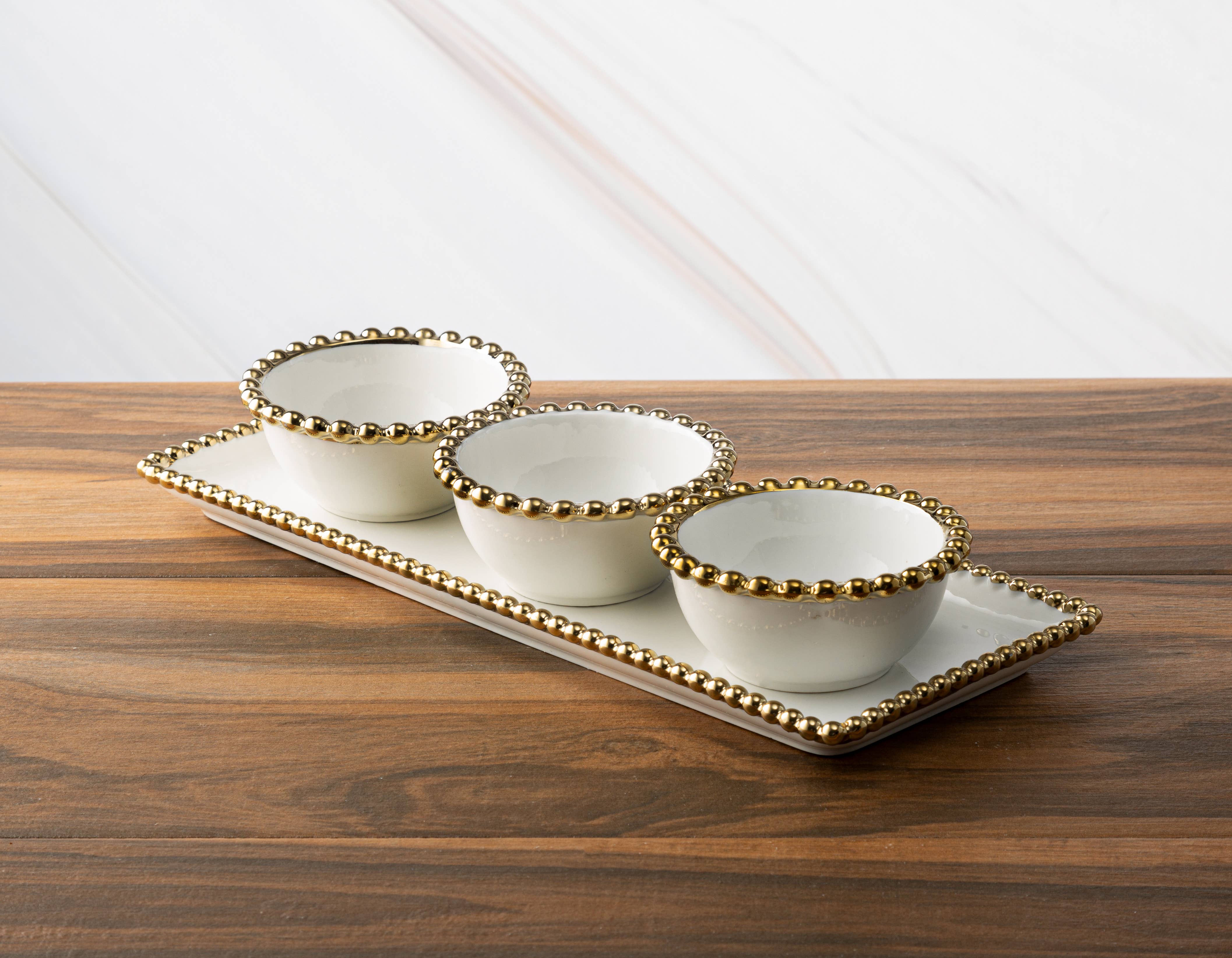 CLASSIC TOUCH DECOR INC. – wholesale Decorative plate/dish/bowl – White Porcelain 3 Bowl Relish Dish with Gold Beaded Design3